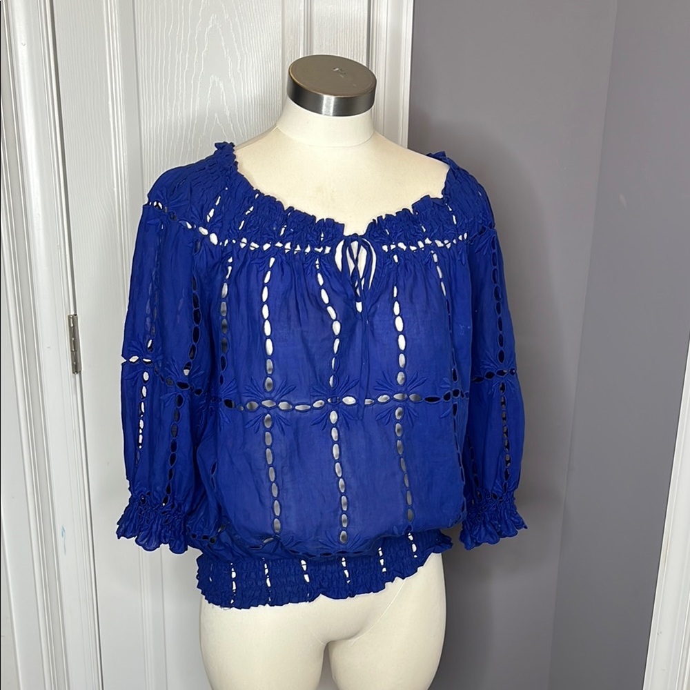 INC Blue Smocked Blouse with Tie Front and 3/4 Sleeves